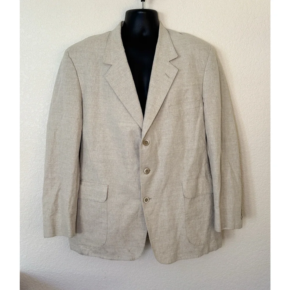 J Peterman Linen Sport Coat 46R Beige Unstructured Vintage USA Old Money